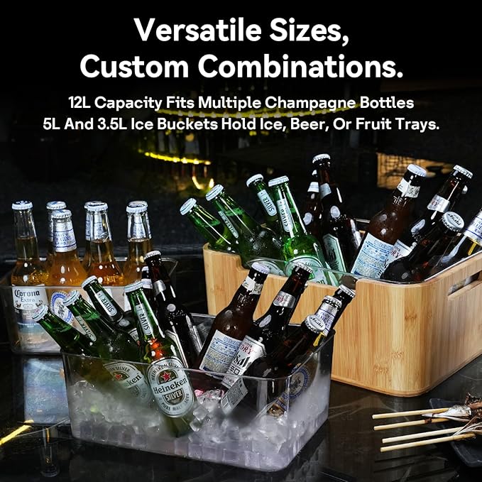 Ice Bucket Kit, 12L Capacity, wooden, Double-Layer Vacuum Insulated, Keeps Ice Cold for Long Time, Includes 5L, 3.5L PET Ice Buckets, Ice Scoop, Perfect for Parties and Gatherings