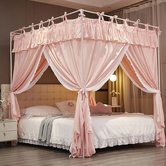 Ruffle Lace up 4 Corners Post Princess Curtain Bed Canopy Cozy Breathable Mosquito Net Cloth for Girls Adults Bedroom Decoration (Pink, 59" W*82" L*82" H/Queen)