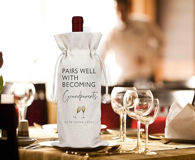 Pairs Well With Becoming Grandparents Gift Wine Bags, Personalized Burlap Wine Bottle Cover Bag for Pregnancy Announcement, New Grandpa Grandma New Baby, Wine Favor Bag Gift Party Decorations-L12