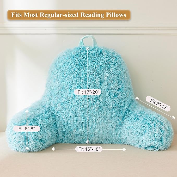 XeGe Faux Fur Reading Pillow Cover (No Filler), Fluffy Back Rest Pillow Case for Bed Sitting Up, Adults Kids Gaming Shaggy Sit Up Back Support Pillow Cover with Arms for Couch Chair Car, Aqua Ombre