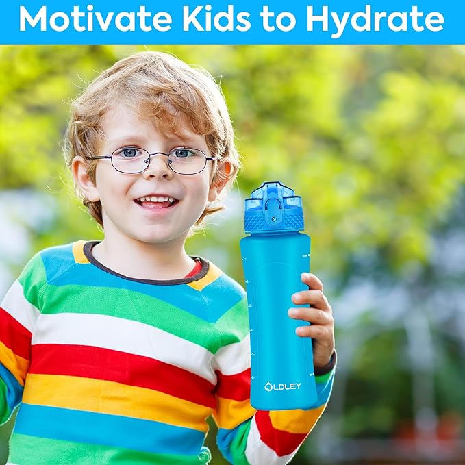 OLDLEY Kids Water Bottle with Straw 15 oz BPA-Free Leak-Proof Motivational Water Bottles with Time Marker for School Sports Travel Gym, Easy to Use for Girls Goys, 1 Straw Lid, Lake