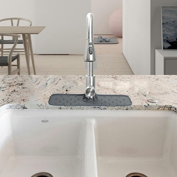 ExqNova Food Grade Silicone Sink Splash Guard, Faucet Drip Catcher Tray, Faucet Water Catcher Mat, Faucet Splash Guard, Sink Draining Pad Behind Faucet, Drip Protector Countertop, Grey Splash Guard