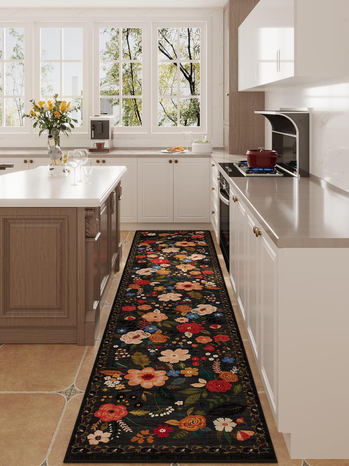 Runners for Hallways Kitchen Rug Non Slip 2'x 10' Long Washable Runner Rugs with Rubber Backing Soft Floral Carpet Runner for Hallways, Kitchen, Laundry, Bedroom, Bathroom(Black)