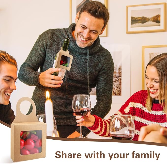 Sibba 20Count Kraft Paper Wine Bottle Box with Window Handles Hanging Foldable Gift Wine Sets Folding Kraft Bags for Kitchen Christmas Dining Engagement