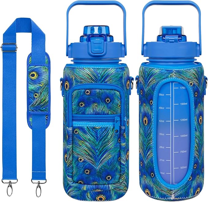 Peacock Half Gallon Water Bottle with Sleeve Water Bottle 64 Oz Water Bottle with Time Marker, Leakproof-Free Drinking Water Bottle, Sports Water Bottle Peacock Feather Half Gallon Water Jugs