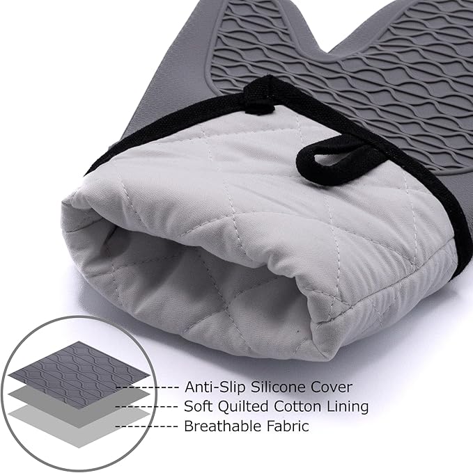 Extra Long Oven Mitts and Pot Holder Set for Ultimate Kitchen Safety- Hot Pads and Oven Mitts- Heavy Duty- Silicone Heat Resistant Oven Mitts and Pot Holder Set(Light Gray)