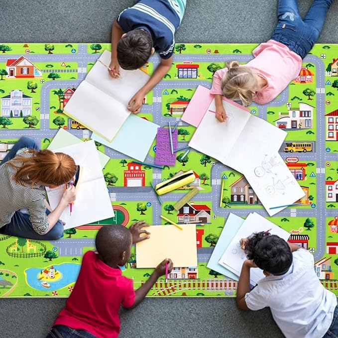 Kids Playroom Rug Car Rug Learning Carpet Educational City Roads Carpet for Playing with Cars Kids Playmat for Baby Kids Playroom Non Slip Play Mat Toddler Playmat Rug, 3x5 ft, Grey Streets
