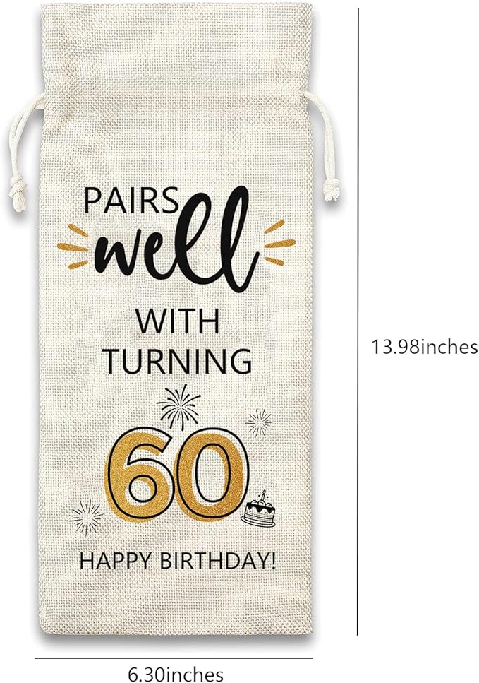60th Birthday Gifts for Women Men, Funny Birthday Decorations Wine Gift Bag, Happy 60th Birthday Gift Ideas for Mom Dad, Party Favors Wine Bags, Wine Decor, 60 Years Old Birthday Party Supplies