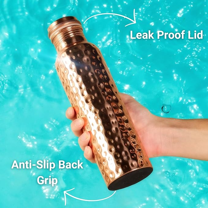 THE ART BOX Hammered Copper Water Bottle 32 Oz / 950 ml Large with Anti Slip Bottom Leak Proof Lid Ayurvedic Pure Copper Vessel for Drinking, Travel, Sports, Fitness and Yoga (Hammered)