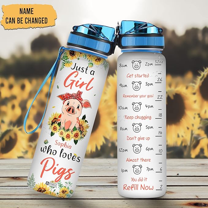 Hyturtle Personalized Just A Girl Who Loves Pigs Sunflower 32Oz Liter Motivational Water Bottle, Customized Name With Time Marker, Gift For Women Girl Friend Family Pig Lover On Birthday Mother's Day