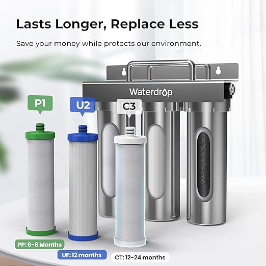 Waterdrop TST-UF 0.01μm Ultra-Filtration Under Sink Water Filter, Stainless Steel, 5X Service Life,Remove 99.99% of Contąminants Larger Than 0.01μm, with Dedicated Faucet, USA Tech (3 Filter Included)