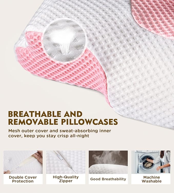 Cervical Pillow for Neck Pain Relief, Hollow Design Odorless Memory Foam Pillows with Cooling Case, Adjustable Orthopedic Bed Pillow for Sleeping, Contour Support for Side Back Stomach Sleepers