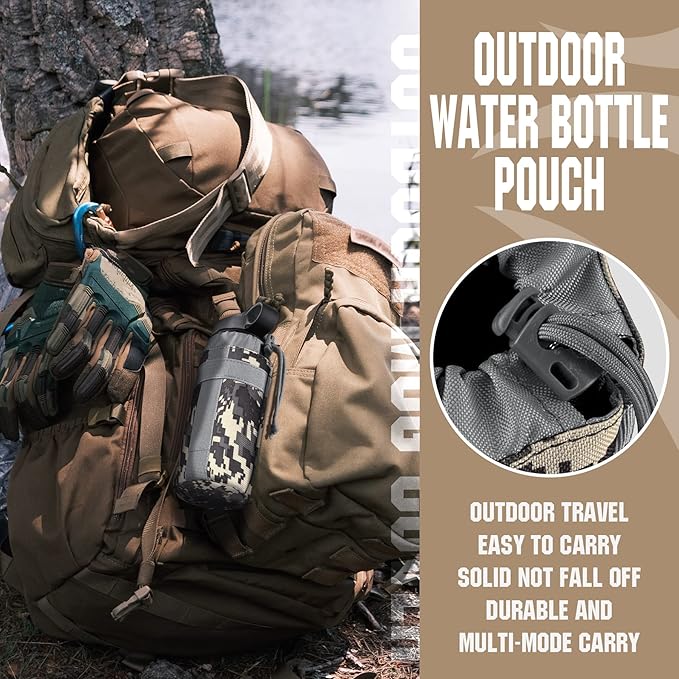 IronSeals Adjustable Tactical Water Bottle Pouch Foldable MOLLE Water Bottle Holder Drawstring Open Top Travel Water Bottle Bag