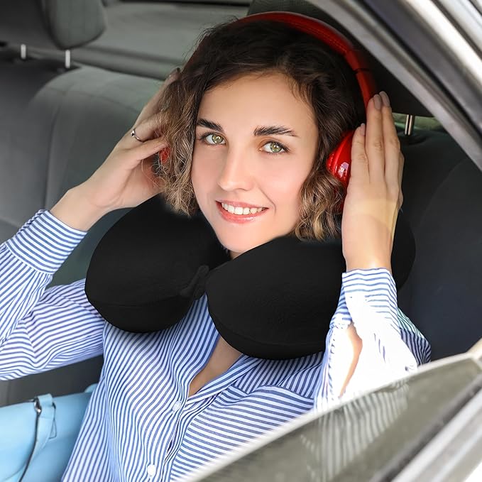 Neck Pillow for Airplane Travel, 100% Pure Memory Foam Travel Neck Pillow for Sleeping & Travel Essentials for Neck Rest, Black, Pack with Box
