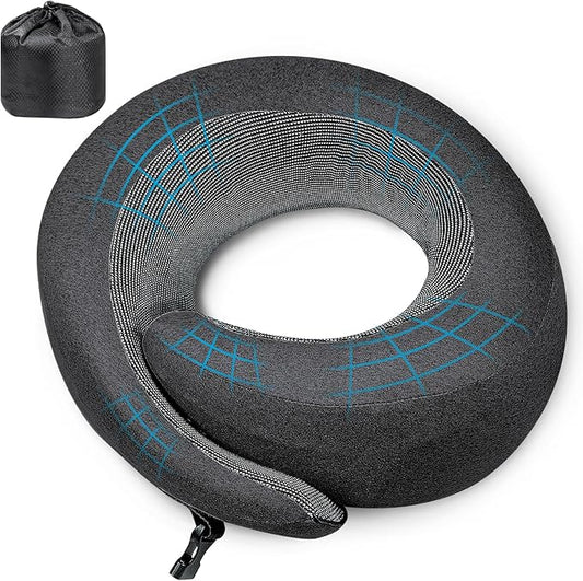 PORTHOLIC 2024 Upgraded Travel Neck Pillow with Buckle,100% Pure Memory Foam Travel Neck Pillow for Airplane Travel Flight Headrest Sleep, Portable Plane Accessories (Black)