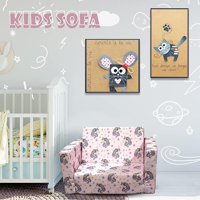 Kids Sofa, Children's 2 in 1 Convertible Relaxing Sofa to Lounger - Extra Soft Flip Open Chair & Sleeper, Cute Dinosaur Print Toddler Chairs Kids Couch for Kids Girls Boys, Polyester