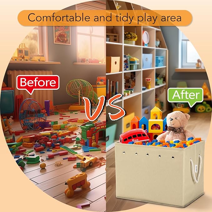 Toy Storage Box + Play Mat for Kids Toy Chest Organizer Kids Toy Storage Organizer Foldable Big Storage Bins with Lids Large Toy Box for Boys Girls Toy Holders for Kids Rooms Nursery (Beige)