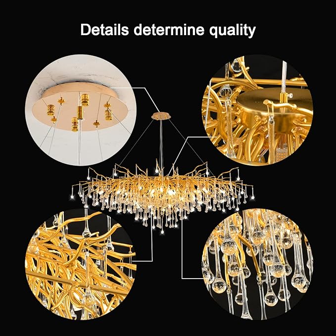70.87 Inch Modern Gold Crystal Chandeliers, Large Branch Raindrop Chandelier,Rectangle Chandelier Lighting Fixture 19-Light for Foyer Entryway High Ceiling Dining Room, Living Room