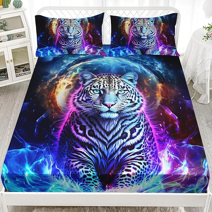 AILONEN Leopard Fitted Sheet Set Twin XL Size, Boys Blue Smoky 3 Pieces Printed Cheetah Bed Sheet Set,Wildlife Fitted Sheet with 2 Pillowcases