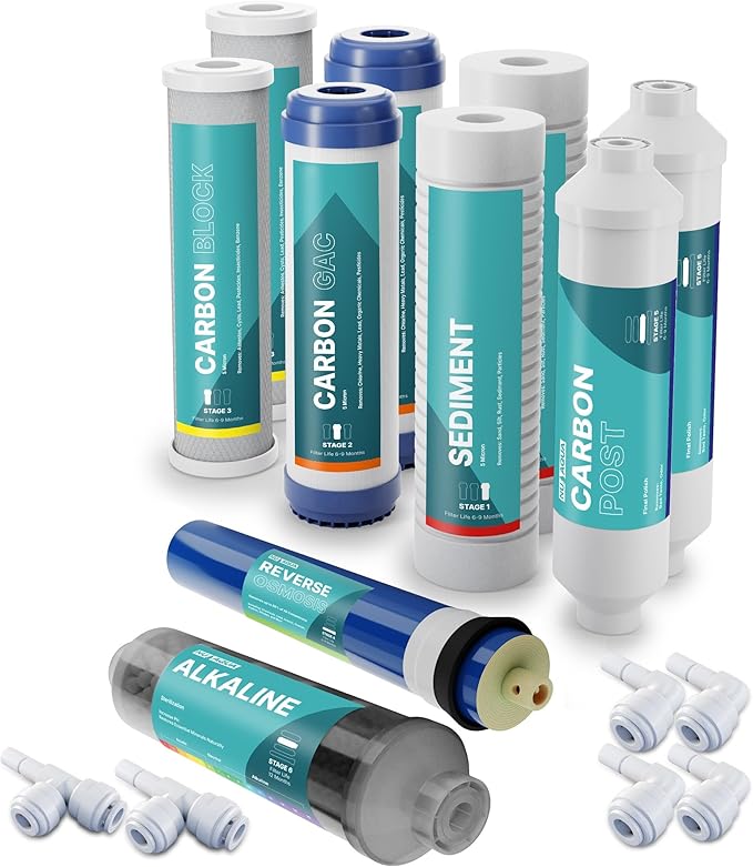 NU Aqua Reverse Osmosis Water Filter System Replacement Set - 6 Stage 1 Year Alkaline Under Sink Kit - Membrane, Sediment, Carbon Filters, Parts & Fittings - Universal RO Filtration Cartridge Pack
