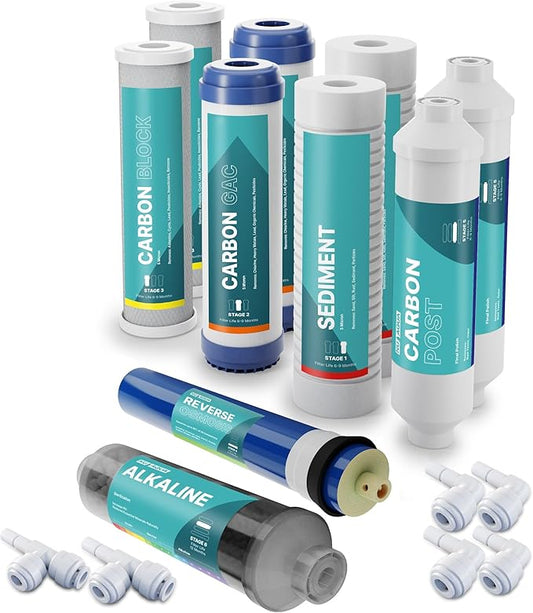 NU Aqua Reverse Osmosis Water Filter System Replacement Set - 6 Stage 1 Year Alkaline Under Sink Kit - Membrane, Sediment, Carbon Filters, Parts & Fittings - Universal RO Filtration Cartridge Pack