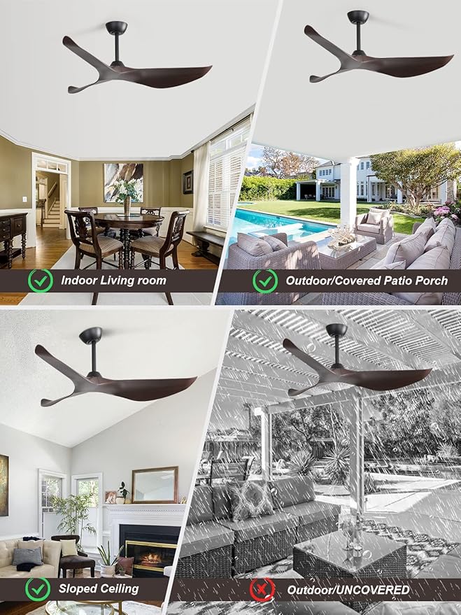 Sofucor 52" Ceiling Fan no Light and Remote Control, Modern Ceiling Fan Without Light, Indoor Outdoor Ceiling Fan with Reversible Motor, 6 Speeds, Brown