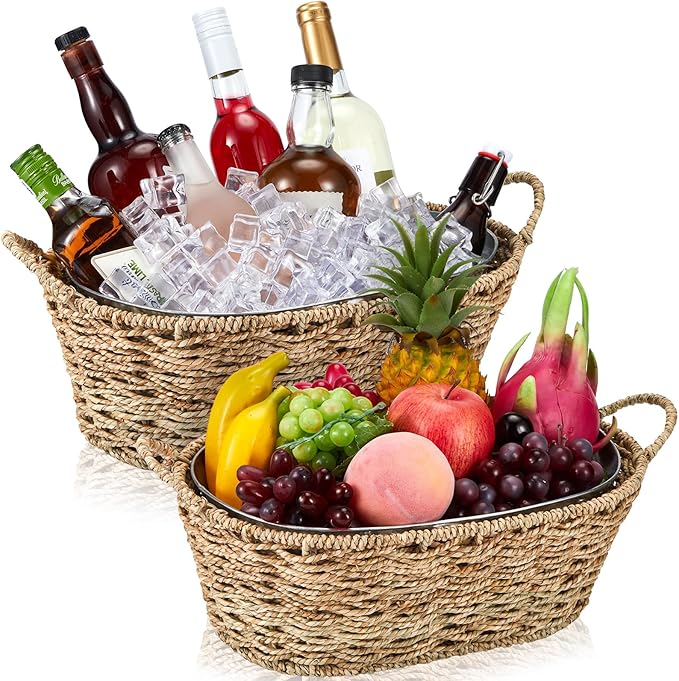 Domensi 2 Pcs Small 3 Gallons Ice Bucket with Wicker Outer Basket Handle Beverage Tub Grass Rope Woven Farmhouse Galvanized Bucket for Party Seaside Bar Buffet Wine Beer Bottle, 15.5 x 9.2 x 6.1 in