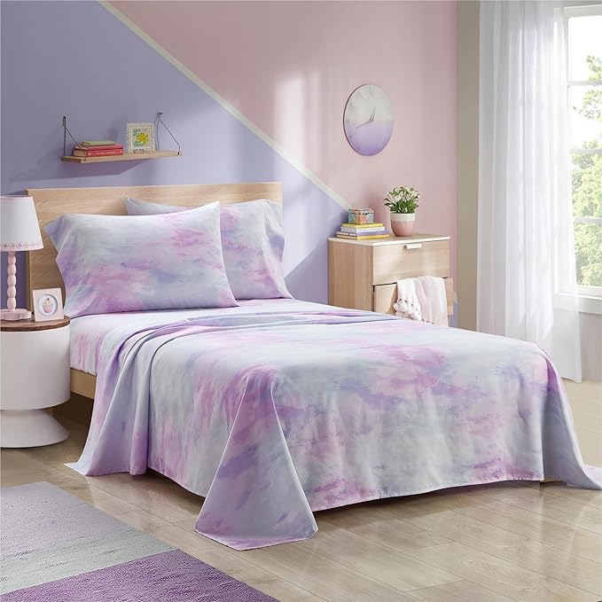 Heritage Kids 3 Piece Sheet Set, Including Top Sheet, Fitted Sheet and Pillow Case, Purple Watercolor Tie Dye, Twin
