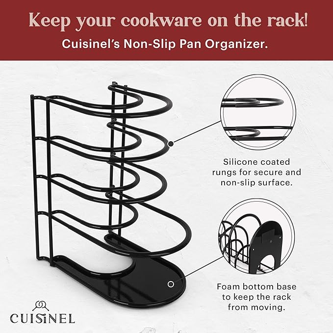 Cuisinel Pots and Pans Organizers - 2-PACK of Silicone-Coated Non-Slip 12" Heavy Duty Skillet Rack - Kitchen Organization Storage - Holds Cookie Sheets, Cutting Boards, Cast Iron Cookware, Dish Stand