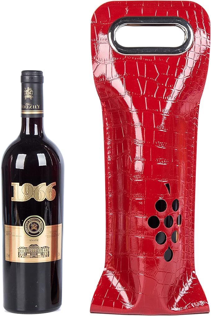 Leather Wine Bag with Handles Reusable Wine Carrier Bag Carrier Tote PU Leather Wine Gift Bag for Party Picnic Travel for Wine Lover Color Red with Pattern 1 Bottle