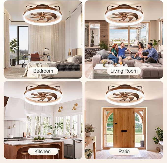 KDZ Low Profile Ceiling Fans with Lights and Remote, 20'' Bladeless Fandelier Ceiling Fans with Remote App, 3000-6000K Color Temperature Flush Mount Wooden Ceiling Light with 6 Speeds For Bedroom