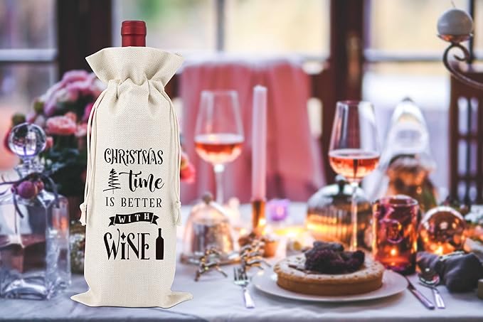 Christmas Time Is Better With Wine,Christmas Party Wine Bag,Party Favor Bag,Wine Bag Gift for Friends,Sisters,Besties,Colleagues,Family,Daughters,Sons,Reusable Wine Bag With Drawstring,L48