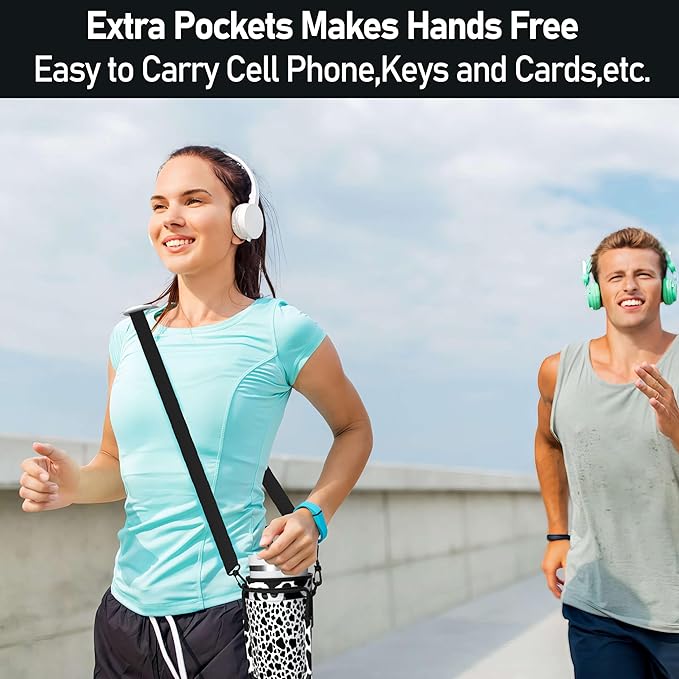 Water Bottle Carrier Bag with Phone Pocket for 40oz Tumbler with Handle, Adjustable Strap Neoprene Water Bottle Sleeve Pouch for Hiking Camping Travelling. (Cow)