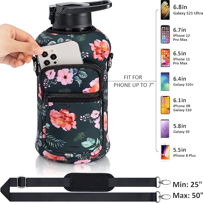 Fimibuke Half Gallon Water Bottle with Sleeve 64 OZ Water Bottle with Handle & Straw Leakproof Motivational Sports Gym Water Bottle with Time Marker BPA Free Water Jug with Reusable Neoprene Holder