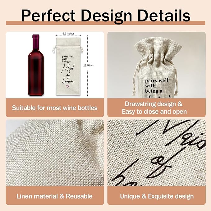Maid of Honor Gift Wine Gift Bag, 1pcs Reusable Burlap Drawstring Wine Gifts Bag for Wine Bottles, Wedding Engagement Bridal Shower Holiday Party Favor -02
