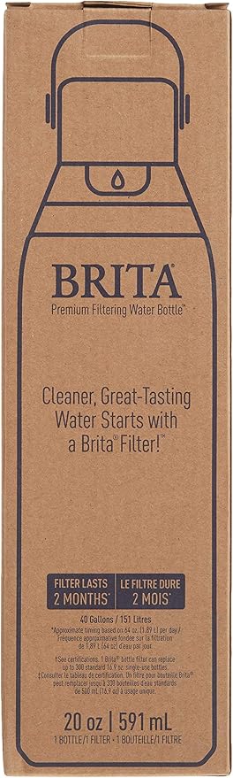Brita Stainless Steel Premium Filtering Water Bottle, BPA-Free, Reusable, Insulated, Replaces 300 Plastic Water Bottles, Filter Lasts 2 Months or 40 Gallons, Includes 1 Filter, Carbon - 20 oz.