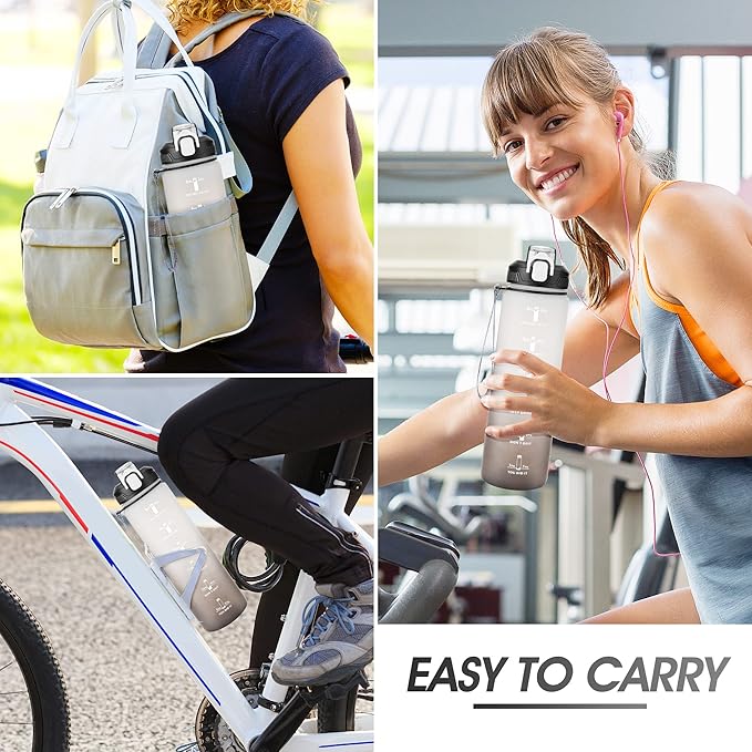 Motivational Water Bottle with Time Marker- 32oz Water Bottles with Times to Drink, Leakproof & BPA Free Sports Water Bottle with Straw & Carry Strap for Fitness, Gym, and Outdoor Sports