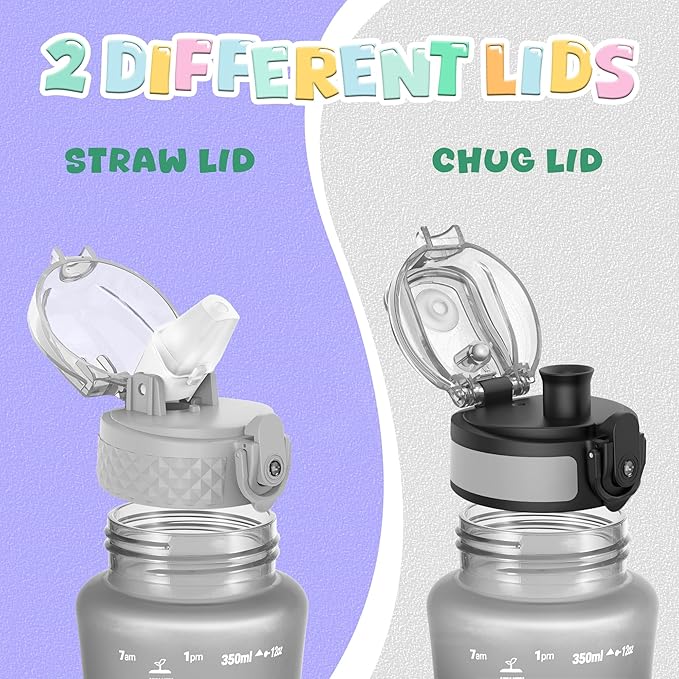 OLDLEY Kids Water Bottle for School, 12 oz (2 lids) BPA-Free Reusable Leak-proof Durable Tritan Plastic Water Bottles with Straw & Chug Lids, Anti-dust Spout Cover (Grey)