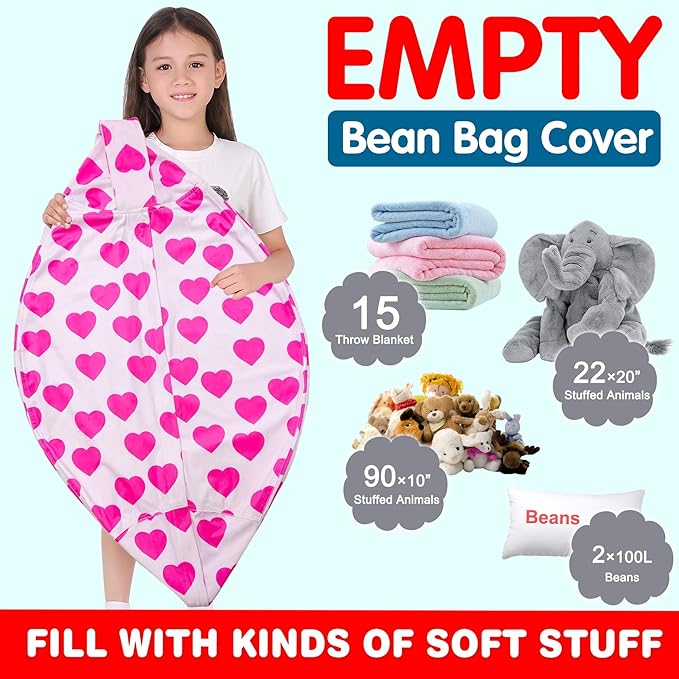 Lukeight Stuffed Animal Storage Bean Bag Chair Cover for Kids, Zipper Beanbag Chair Cover for Organizing Toddler and Kids' Rooms Plush Toys (Heart Velvet, X-Large)