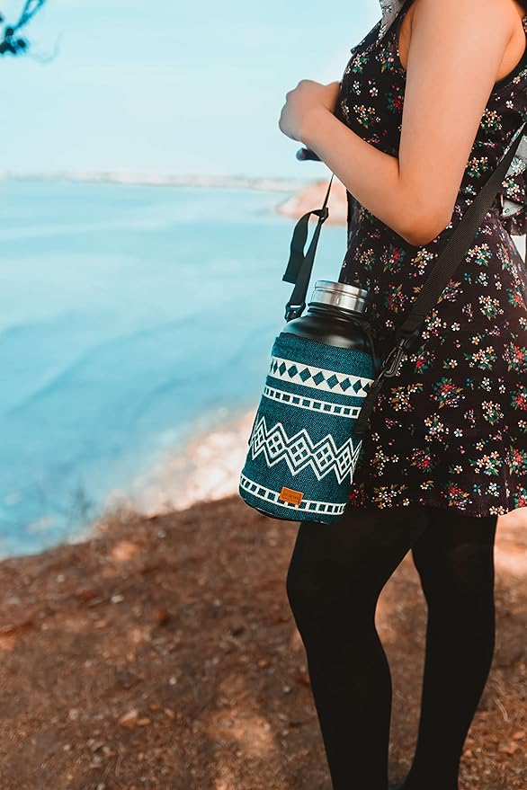 Water Bottle Holder w/Strap | Bottle Sleeve Carrier for Walking, Backpacking | Hydro and Iron Flask Sling Bag | Bottle Protector for Beer Water Coffee Wine | Camping Accessories (64 oz, Laguna Blue)