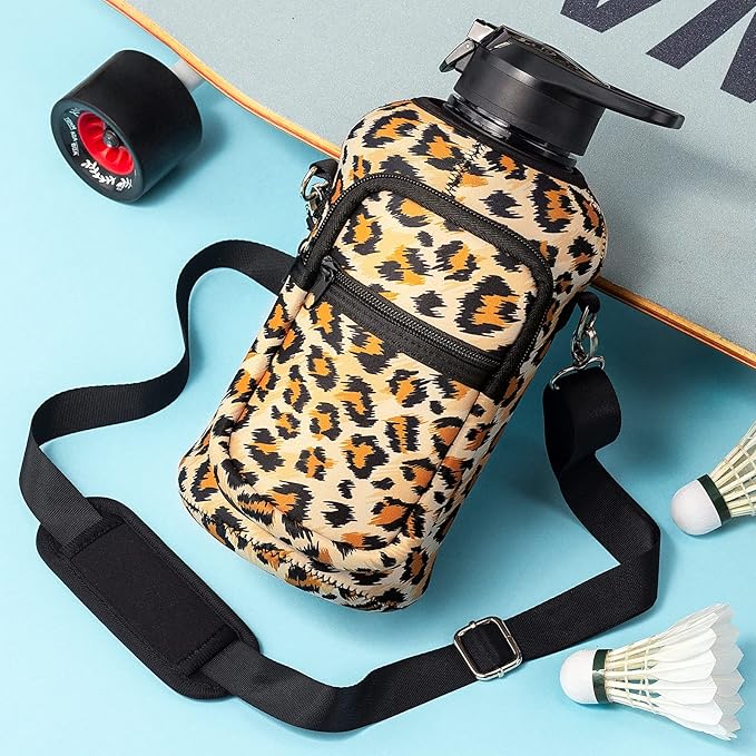 Fimibuke Half Gallon Water Bottle with Sleeve 64 OZ Water Bottle with Handle & Straw Leakproof Motivational Sports Gym Water Bottle with Time Marker BPA Free Water Jug with Reusable Neoprene Holder