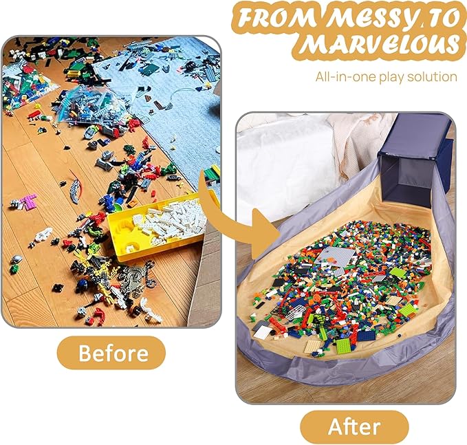 Toy Storage Basket and Play Mat for Kids, Foldable and Stackable Toy Storage Organizer for Building Bricks & Blocks, Toy Box Bin for Boys, Girls, Nursery, Playroom, 13"x13"x13" (Navy Blue)