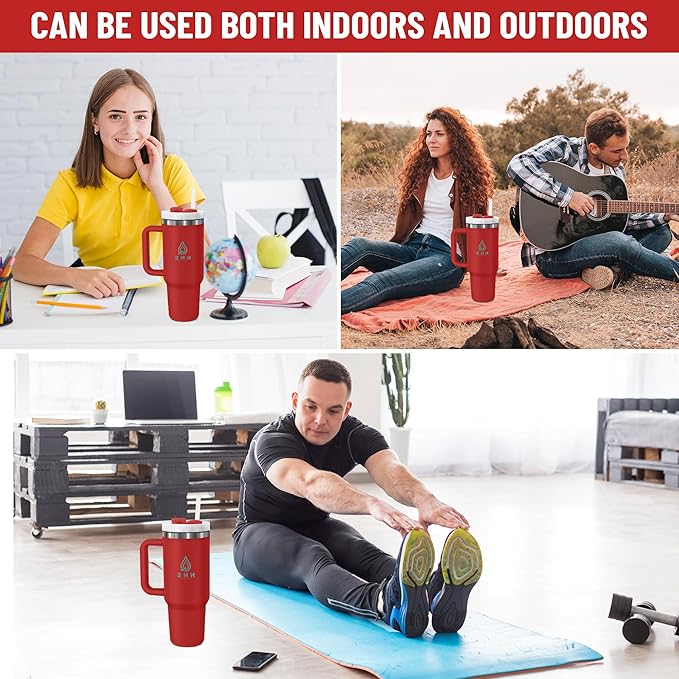 40oz stainless Steel Insulated Tumbler with Handle, lid and straw for cold water, Iced tea, or coffee - 100% Leak-Proof - Cupholder Friendly Travel Mug- Gifts for Women Men Him Her (Red)