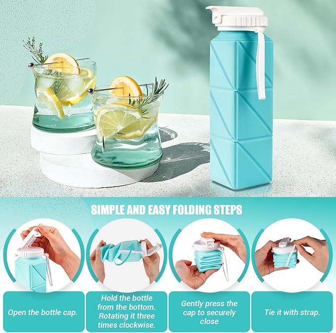 Collapsible Travel Water Bottles, Food Grade BPA Free Silicone Foldable Water Bottle, Leakproof Portable Expandable Water Bottles for Traveling, Camping, Hiking, Cycling & Sports Outdoor 620ml(2 Pack)