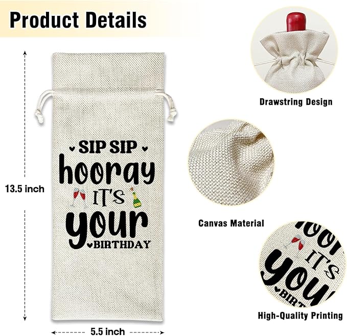 Wine Canvas Bag, Funny Birthday Wine Gift Bag, Birthday Gift for Women Men Friends Coworker, Wine Bags for Wine Bottles Gifts, Wine Champagne Gifts With Drawstring Birthday Party Decoration -WB01