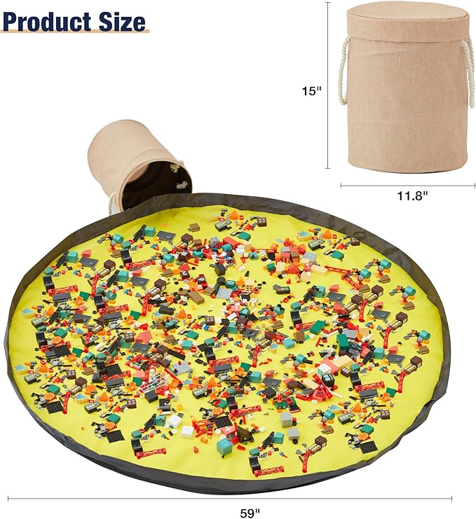 EXQ Home Toy Storage Basket and Building Bricks Toy Play Mat for Kids Rooms (11.8 x15 inches) - Organizer Storage Organizer for Toys, Playroom Canvas Bag Gift for Boy/Girls Beige