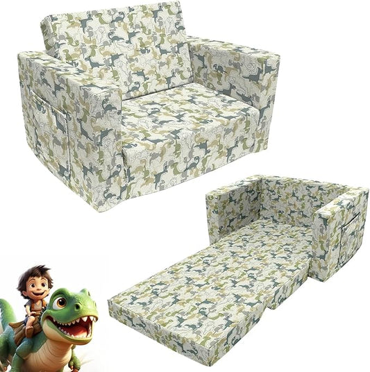 Kids Sofa, Children's 2 in 1 Convertible Sofa to Lounger - Extra Soft Flip Open Chair & Sleeper, Cute Dinosaur Print Toddler Chairs Kids Couch for Kids Girls Boys