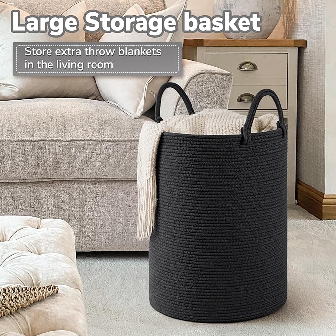 INDRESSME Woven Laundry Basket, Baby Nursery Hamper Bin Tall Storage Basket for Living Room, Kids Laundry Hamper for Clothes, Toys, Large Rope Basket for Blankets, Pillows, 19.7 x 13.8 inches, Black