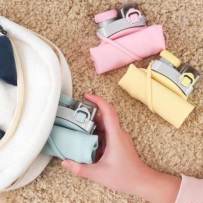 THAIOXYH® Collapsible Water Bottles 20oz Reuseable Leakproof BPA Free Silicone Foldable Water Bottles for Traveling Running Hiking Camping Sports