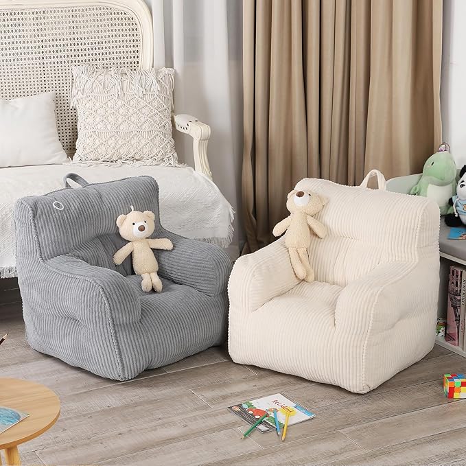 Kids Bean Bag Chair with a Plush Bear, Comfy Toddler Chair for Boys and Girls, Grey